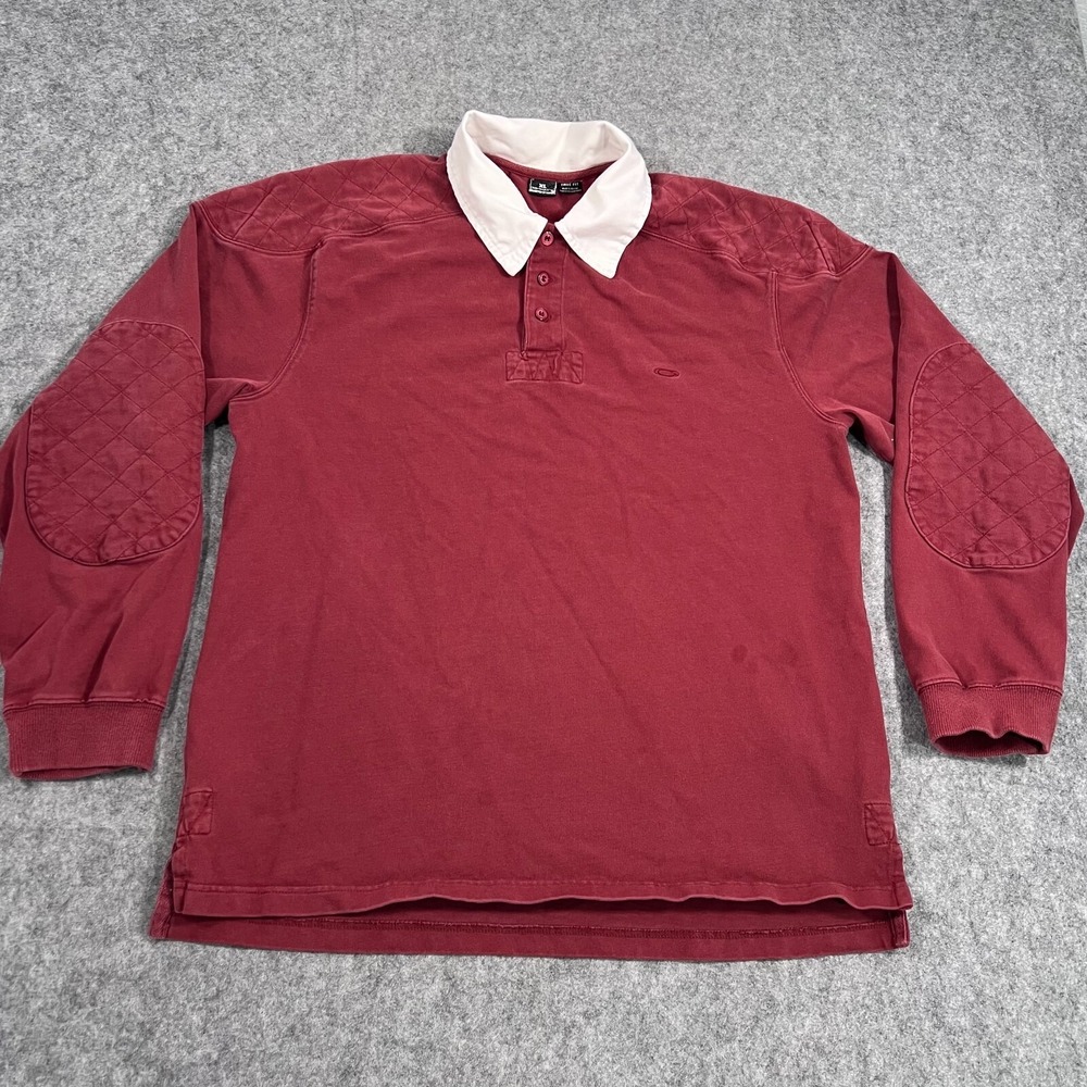 Vintage Oakley Maroon Red True Fit Long Sleeve Rugby Polo Shirt Men's Size XL